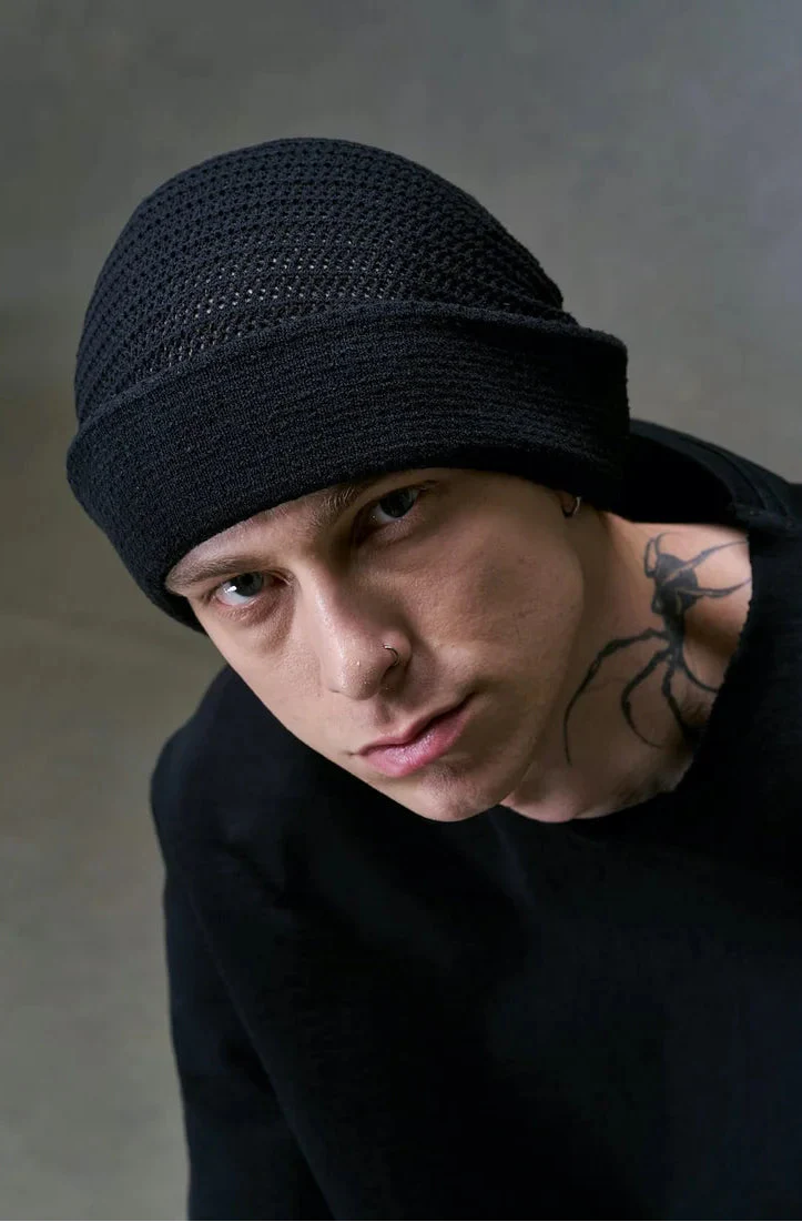 Black Cotton Blend Oversize Knit Cap - Image 3