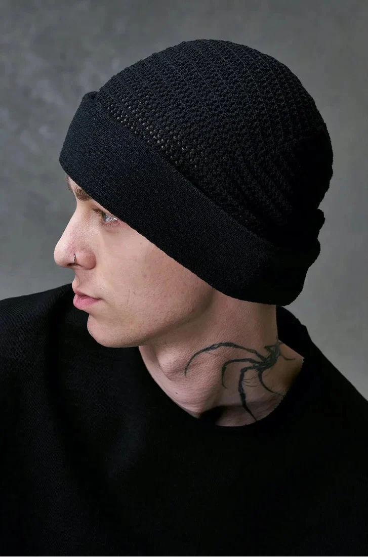 Black Cotton Blend Oversize Knit Cap - Image 4