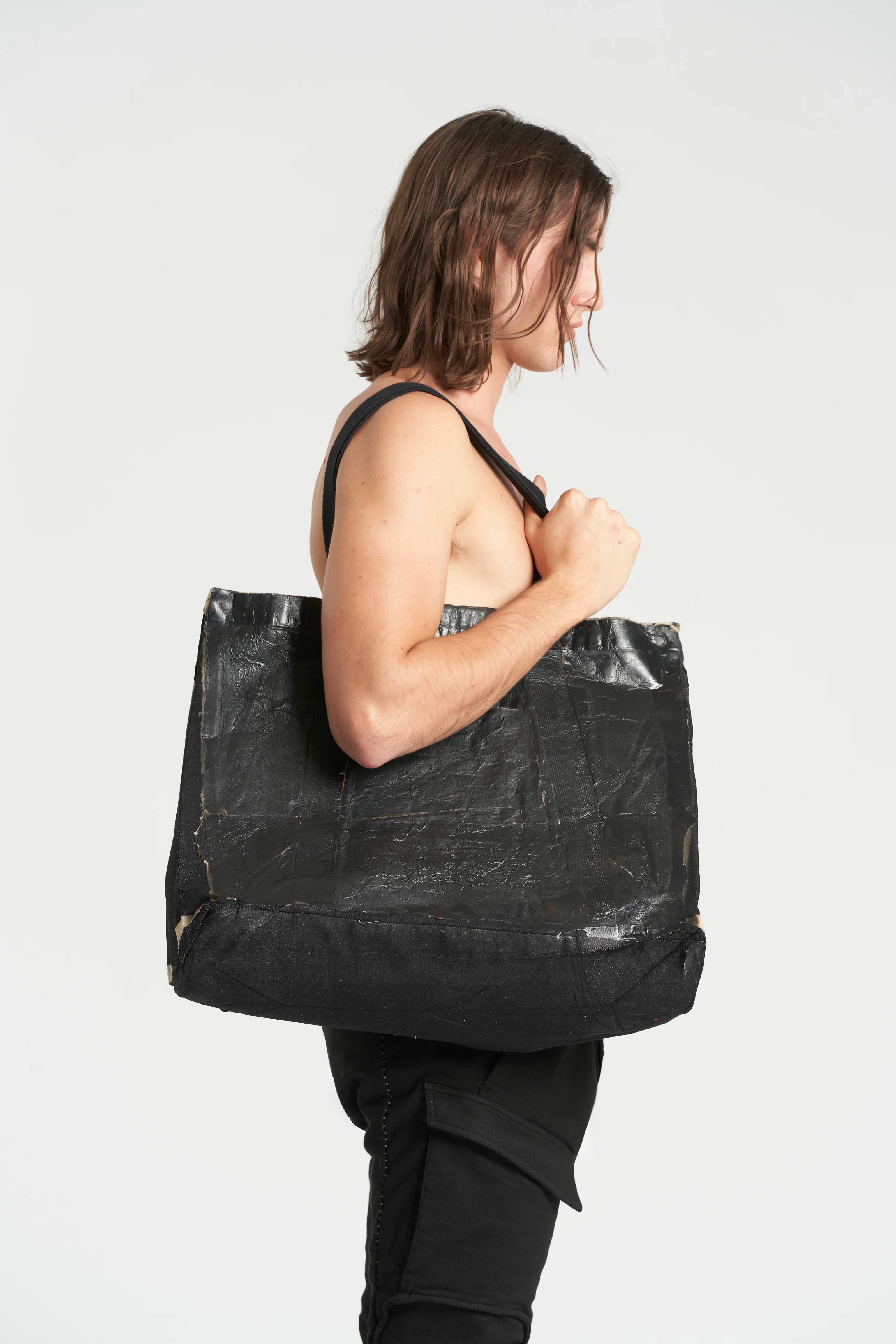 Black Cotton Denim + Paper Laminate Tote Shopping Bag - Image 2