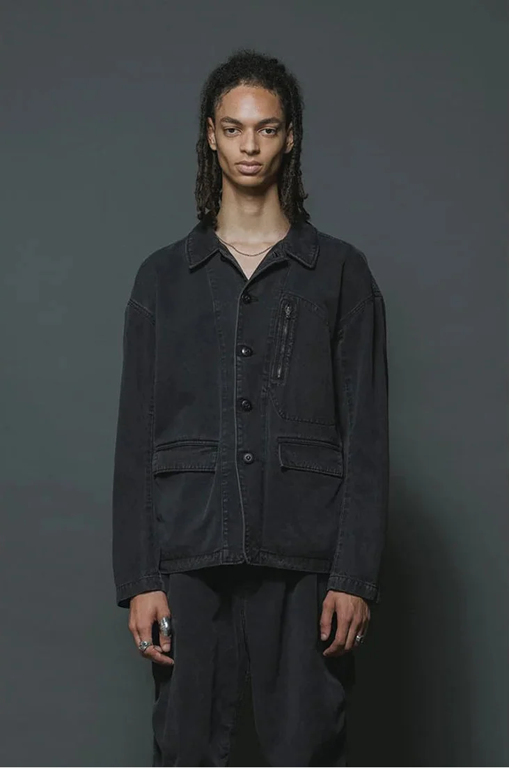 Black Cotton Twill 5 Button Collared Military Jacket