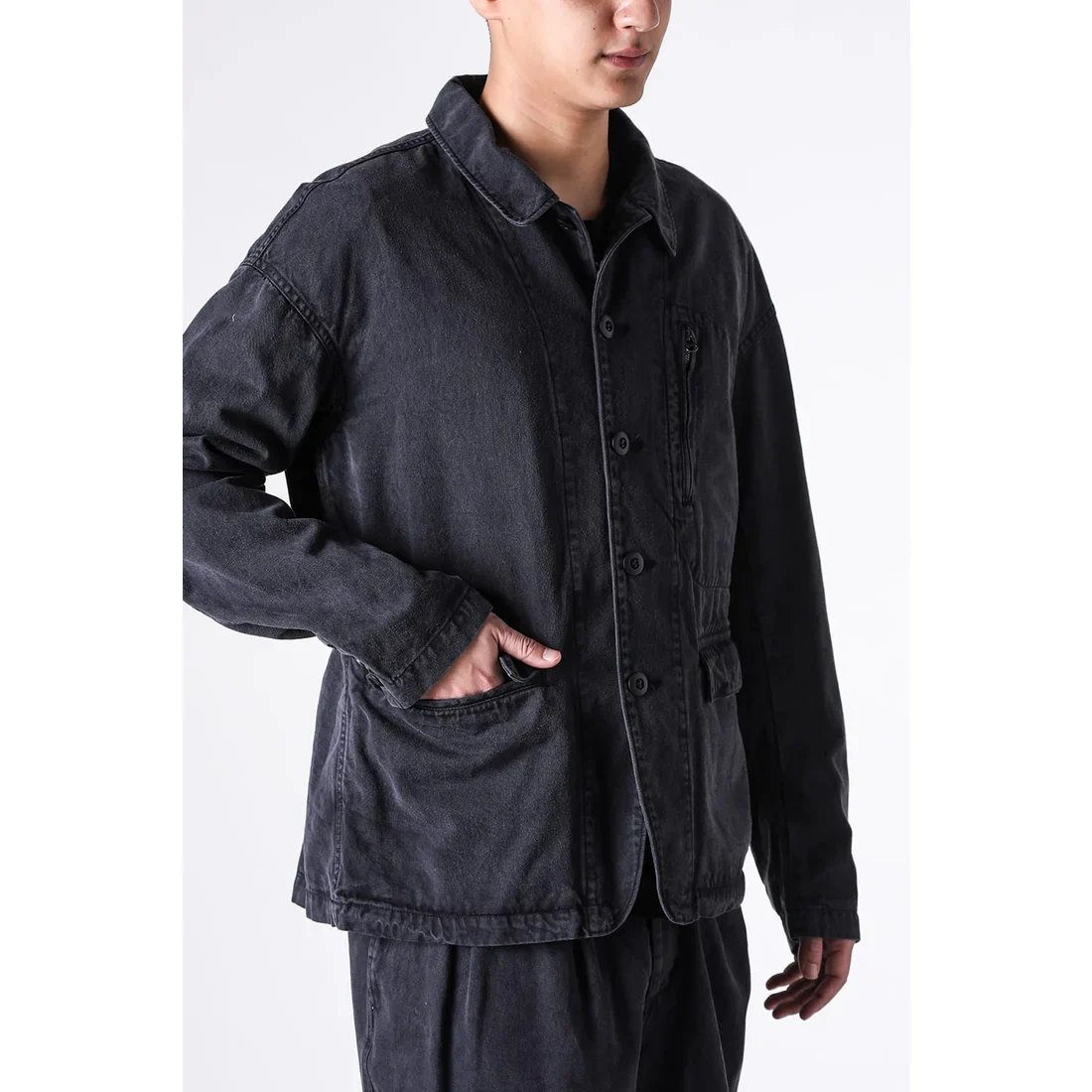 Black Cotton Twill 5 Button Collared Military Jacket - Image 10