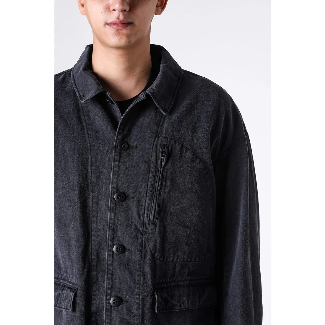 Black Cotton Twill 5 Button Collared Military Jacket - Image 11