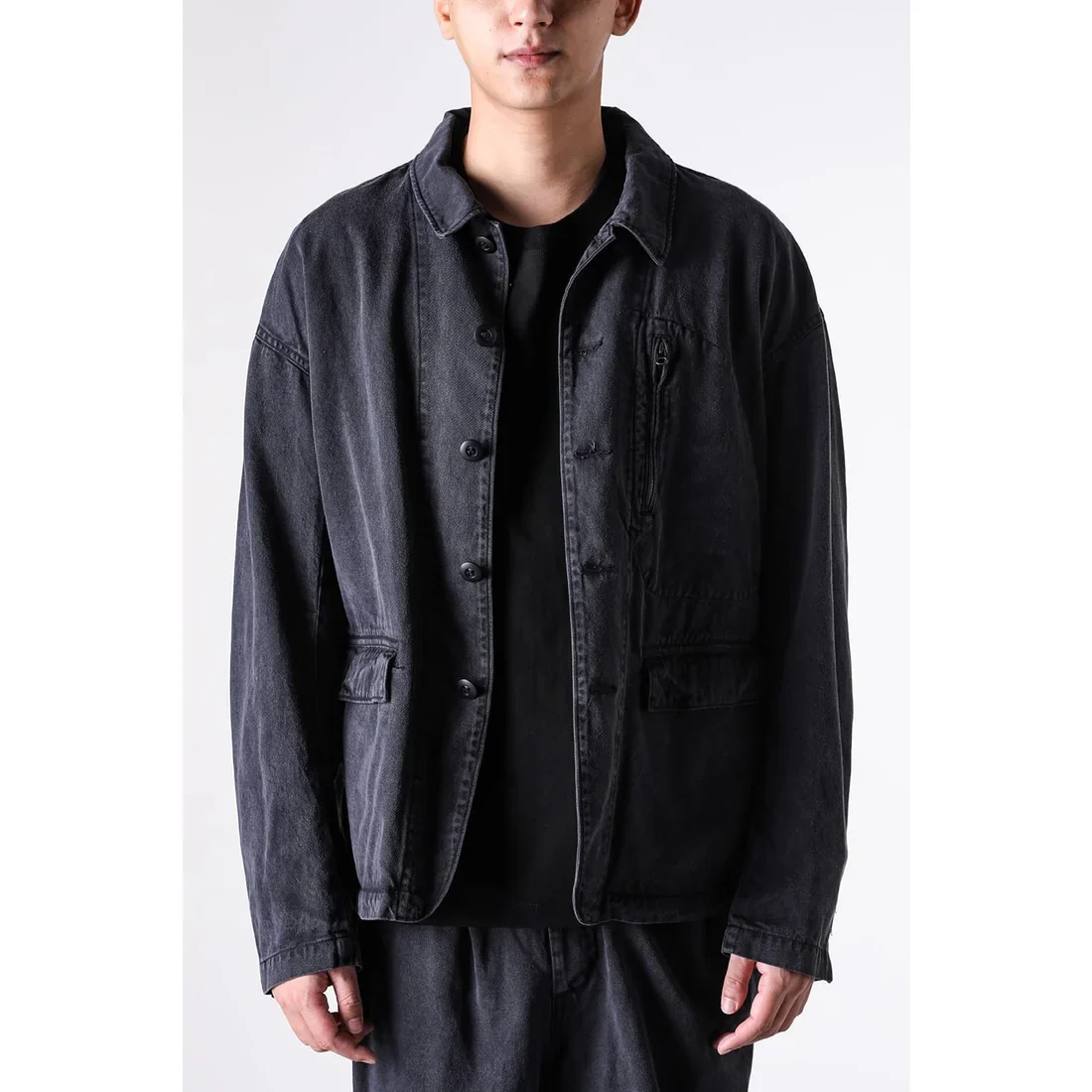 Black Cotton Twill 5 Button Collared Military Jacket - Image 17