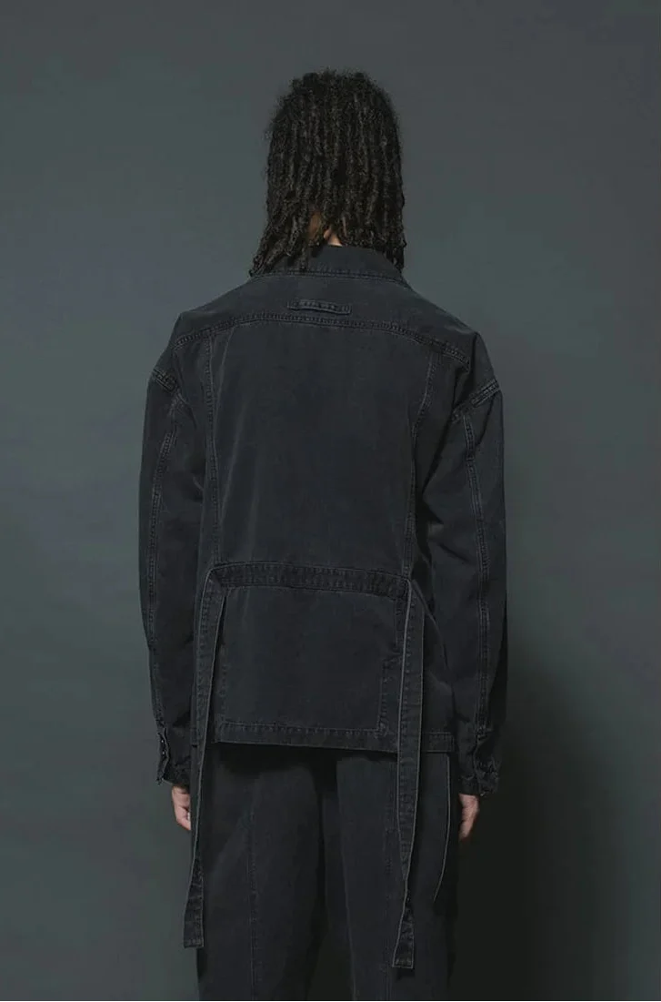 Black Cotton Twill 5 Button Collared Military Jacket - Image 2