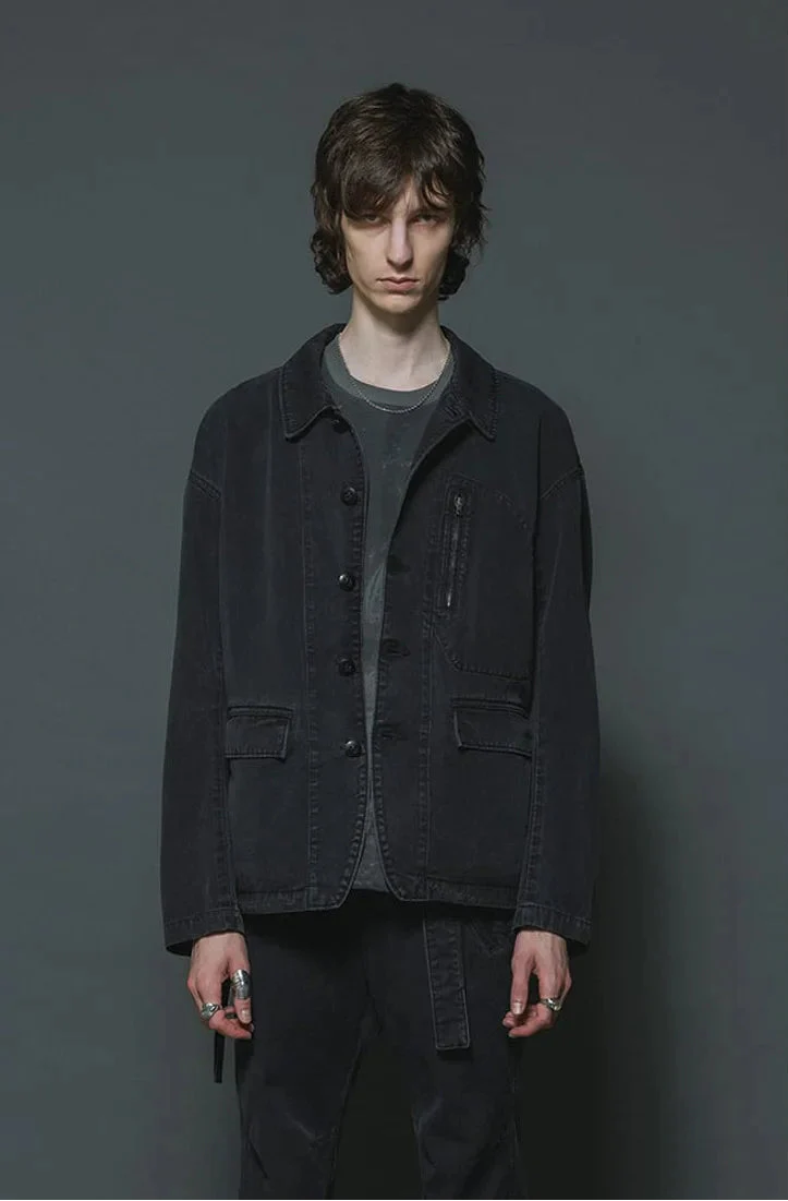 Black Cotton Twill 5 Button Collared Military Jacket - Image 3