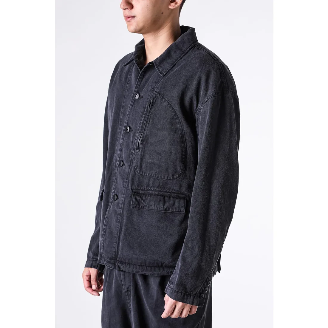 Black Cotton Twill 5 Button Collared Military Jacket - Image 6
