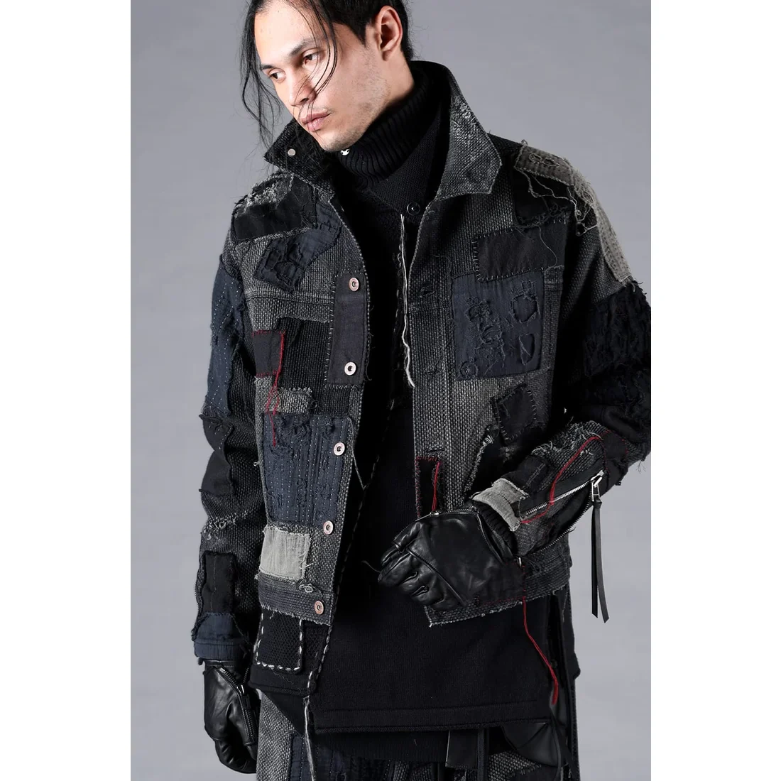 Black Crust Damage Repair Sashiko Jacquard Jacket - Image 10