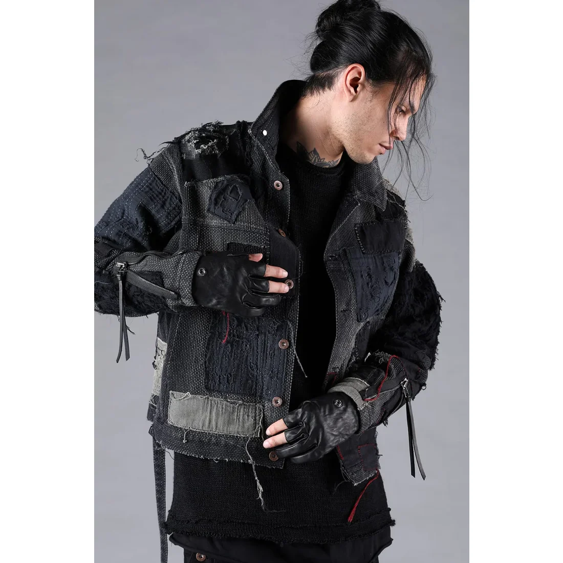 Black Crust Damage Repair Sashiko Jacquard Jacket - Image 11