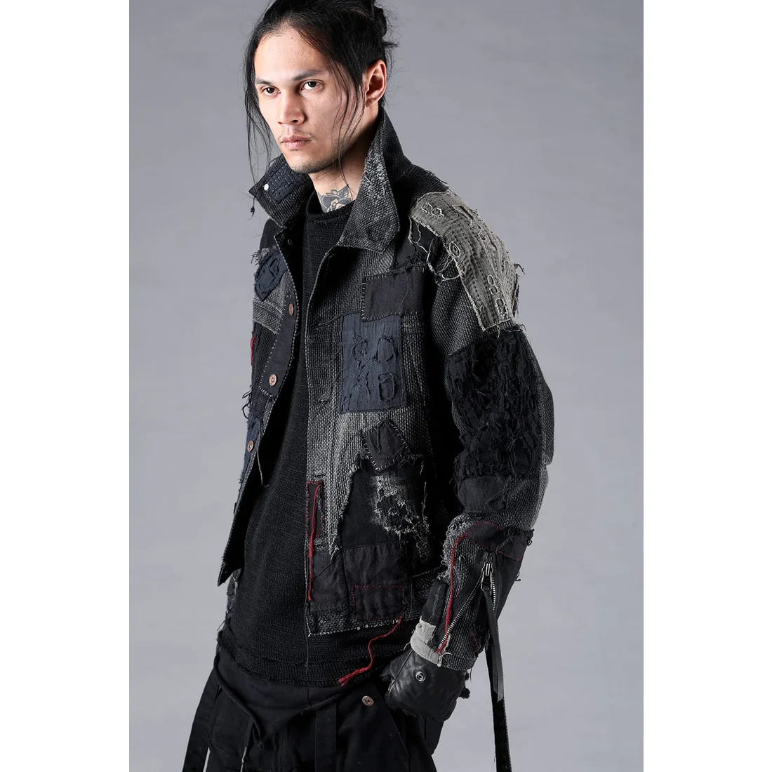 Black Crust Damage Repair Sashiko Jacquard Jacket - Image 9
