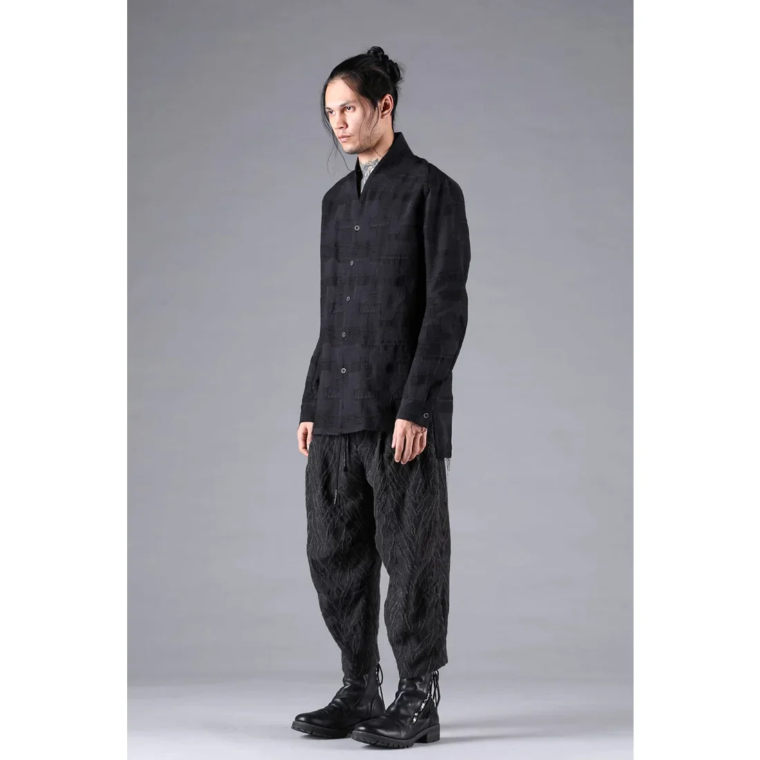 Black Crust Patchwork Jacquard Shawl Collar Shirt - Image 10