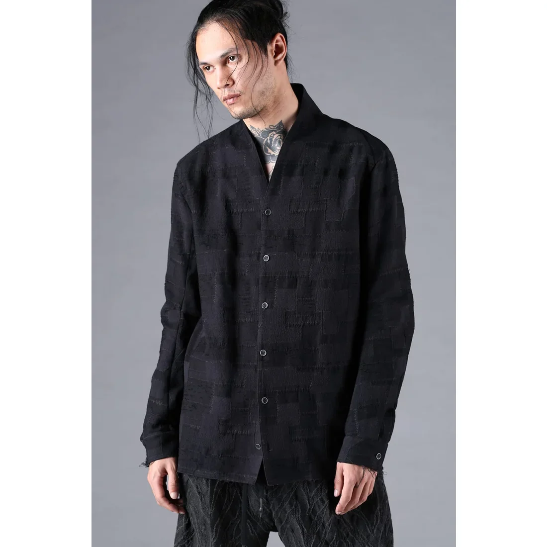 Black Crust Patchwork Jacquard Shawl Collar Shirt - Image 11