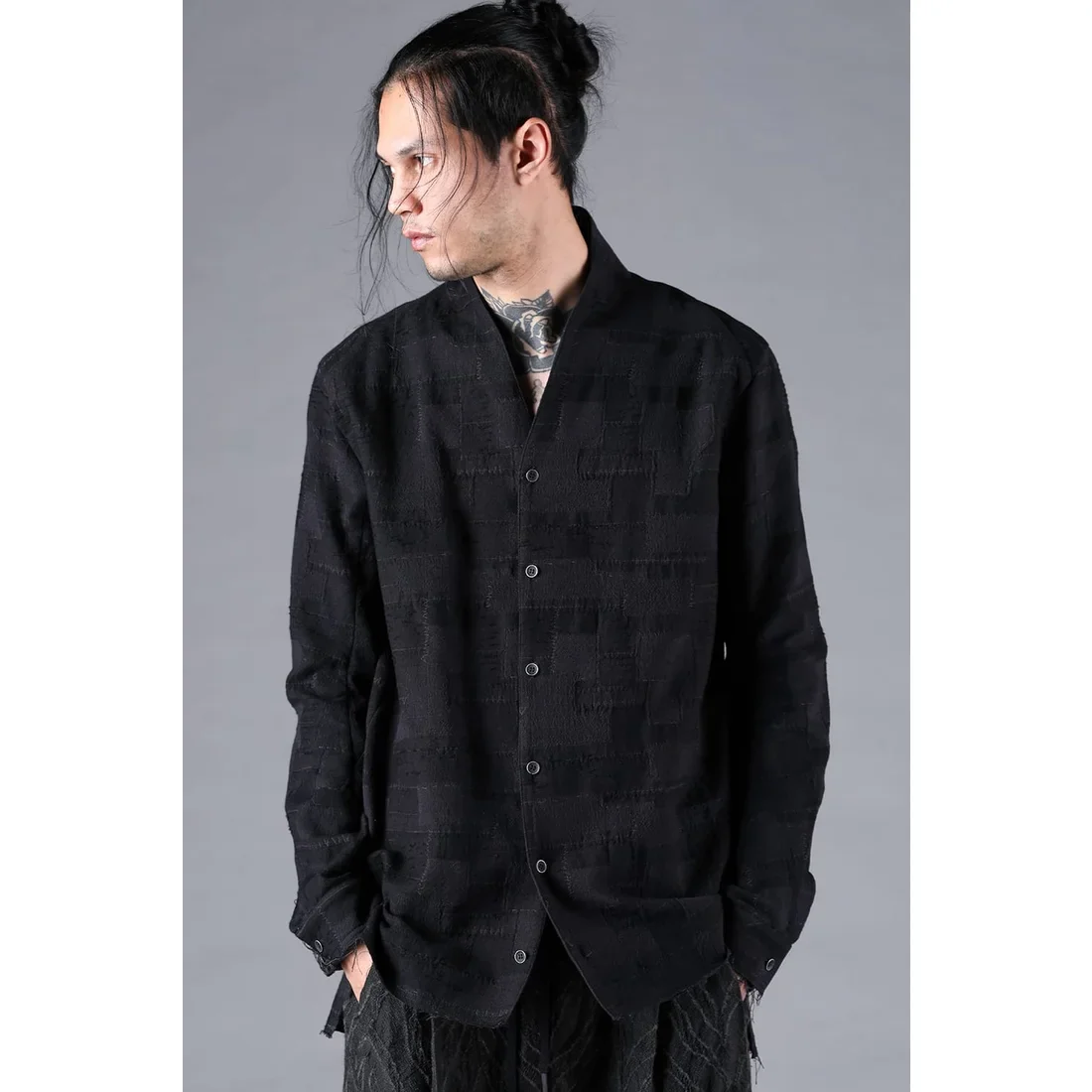 Black Crust Patchwork Jacquard Shawl Collar Shirt - Image 12