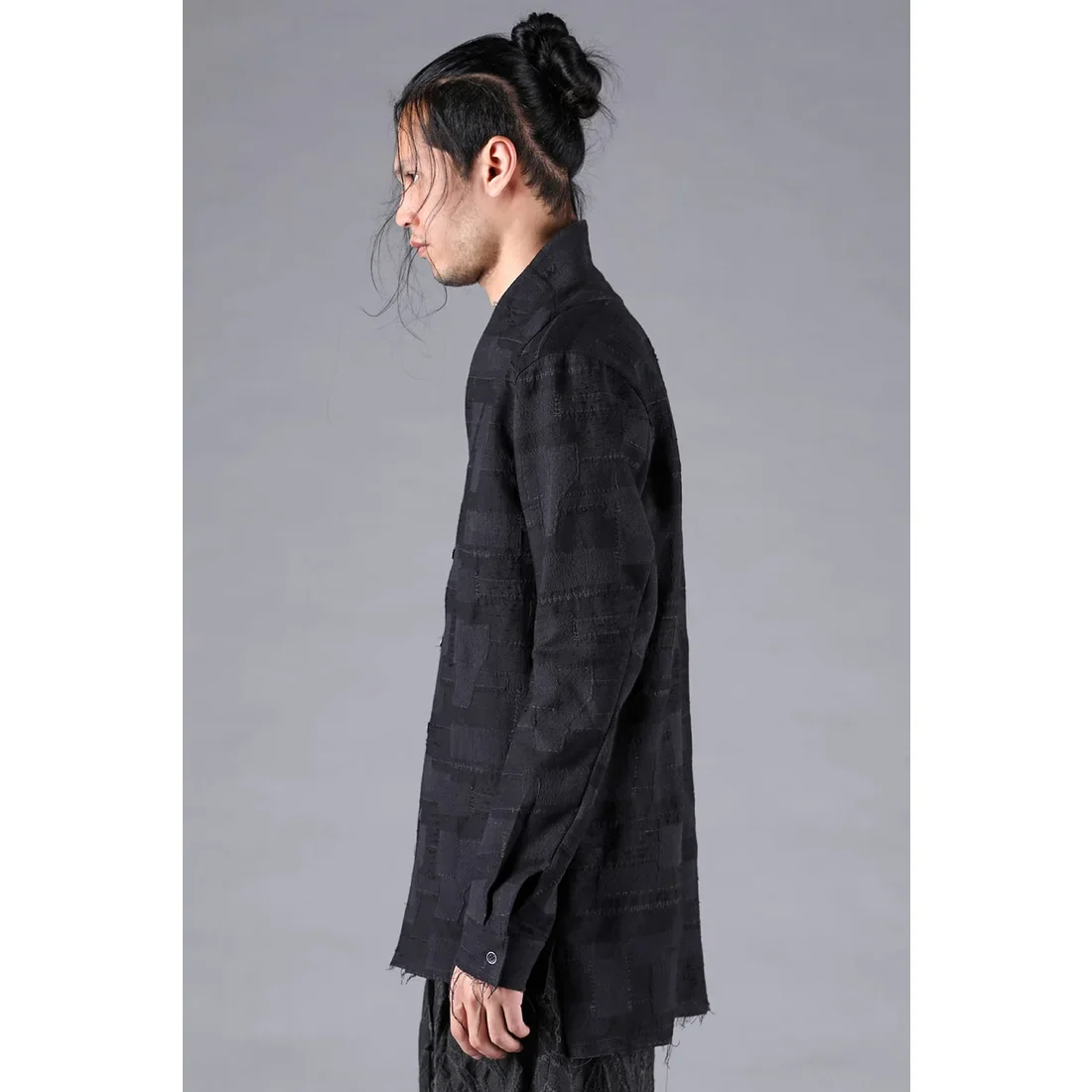 Black Crust Patchwork Jacquard Shawl Collar Shirt - Image 3