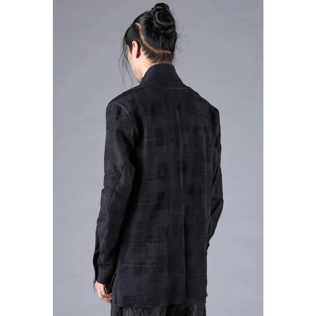 Black Crust Patchwork Jacquard Shawl Collar Shirt - Image 4