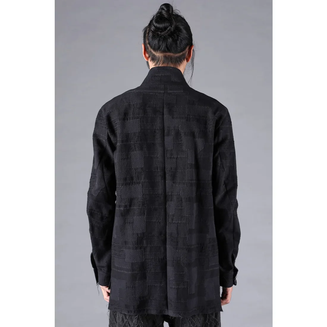 Black Crust Patchwork Jacquard Shawl Collar Shirt - Image 5