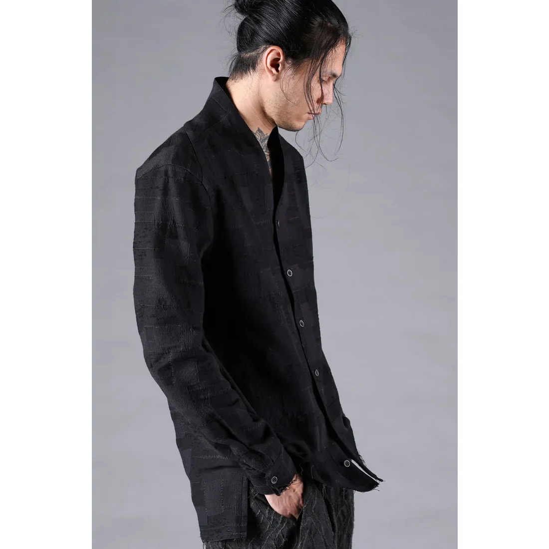 Black Crust Patchwork Jacquard Shawl Collar Shirt - Image 6