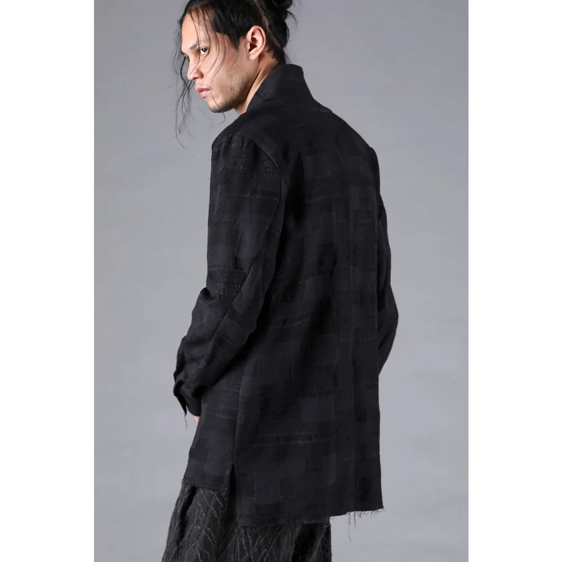 Black Crust Patchwork Jacquard Shawl Collar Shirt - Image 7