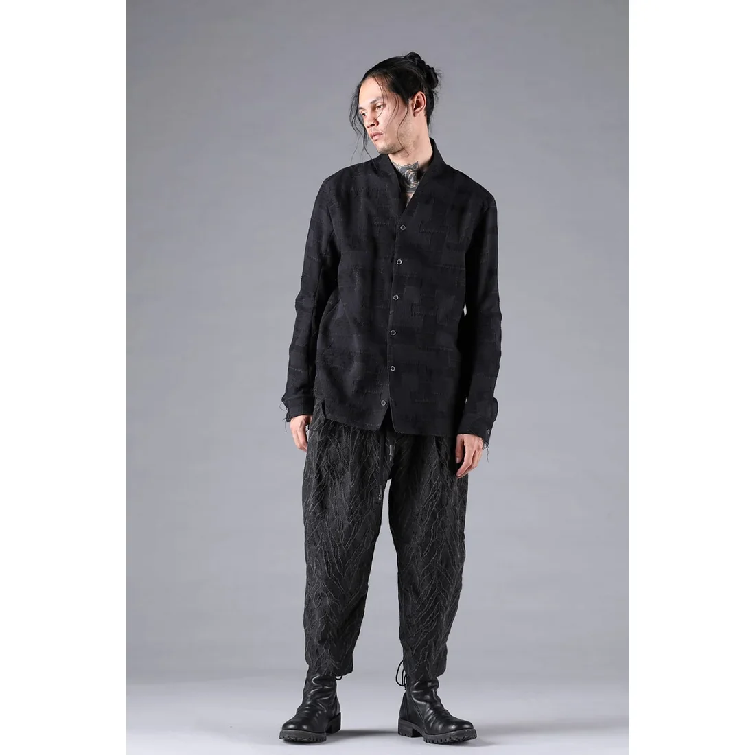 Black Crust Patchwork Jacquard Shawl Collar Shirt - Image 8