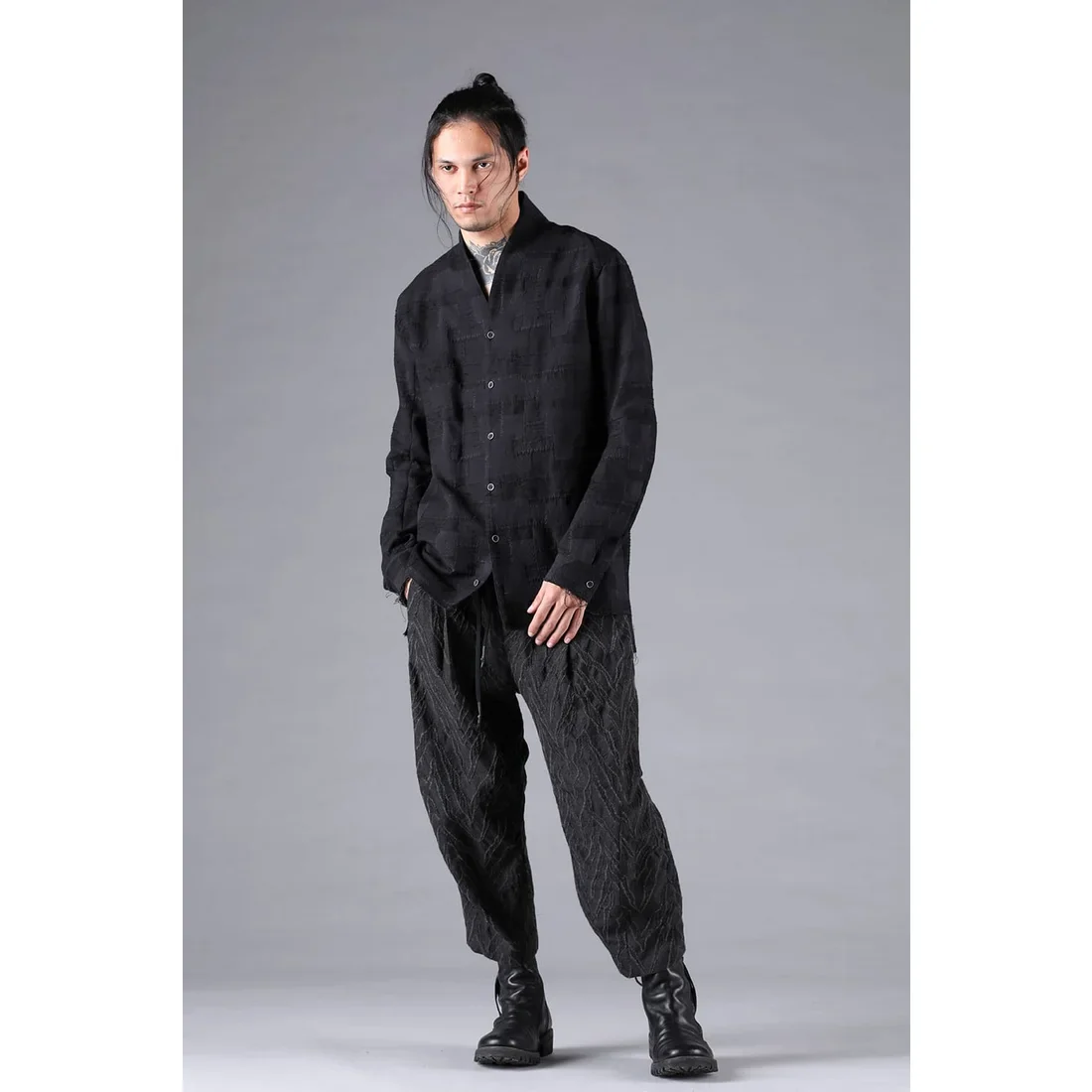 Black Crust Patchwork Jacquard Shawl Collar Shirt - Image 9