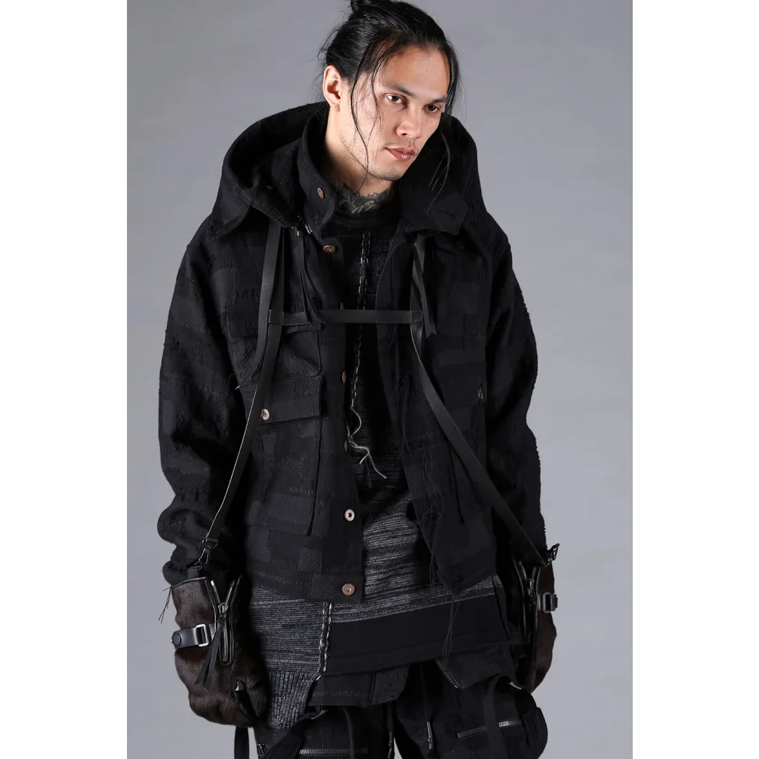 Black Crust Patchwork Jacquard w/ detachable hoodie Jacket - Image 10