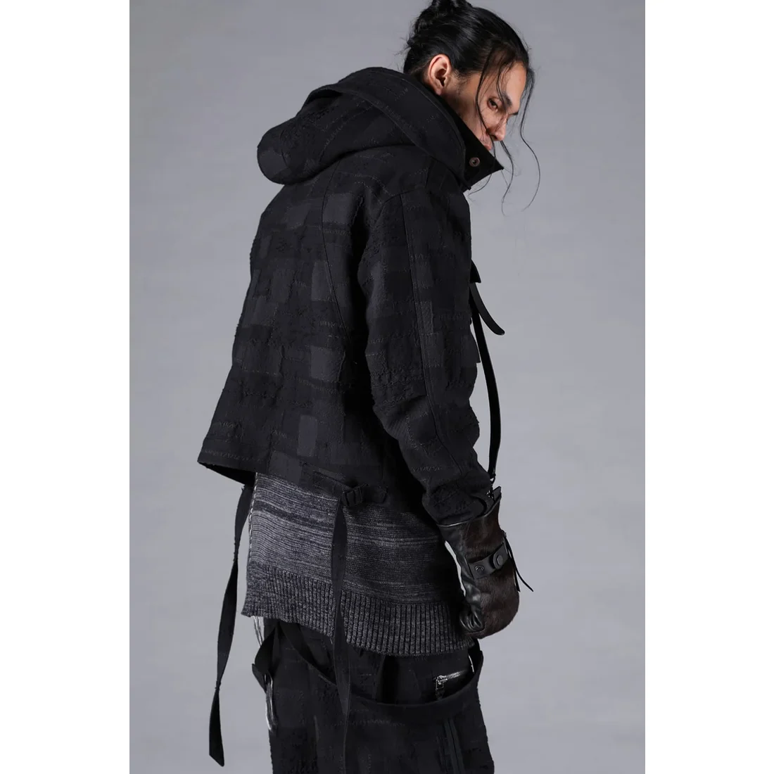 Black Crust Patchwork Jacquard w/ detachable hoodie Jacket - Image 11