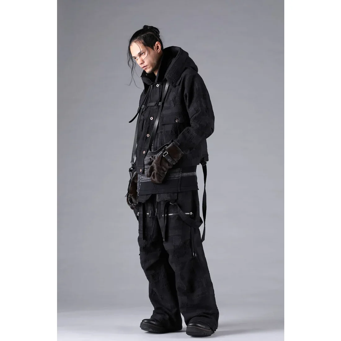Black Crust Patchwork Jacquard w/ detachable hoodie Jacket - Image 13