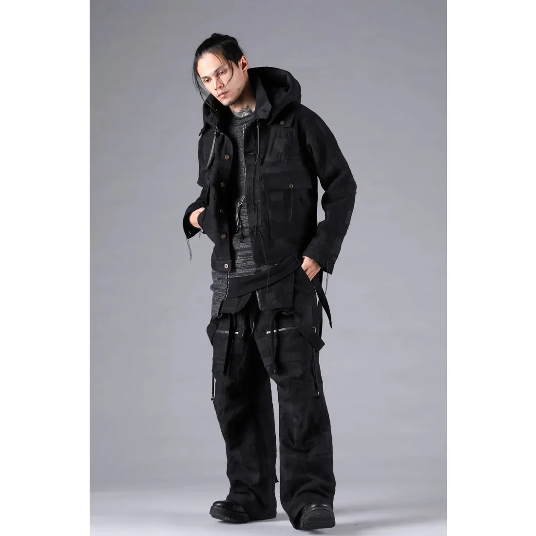 Black Crust Patchwork Jacquard w/ detachable hoodie Jacket - Image 14