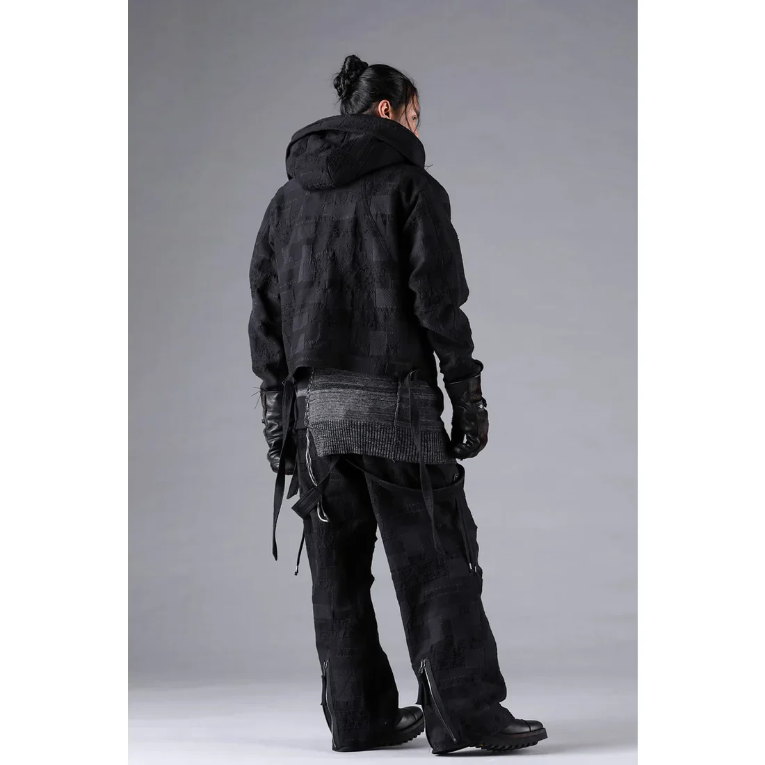 Black Crust Patchwork Jacquard w/ detachable hoodie Jacket - Image 15