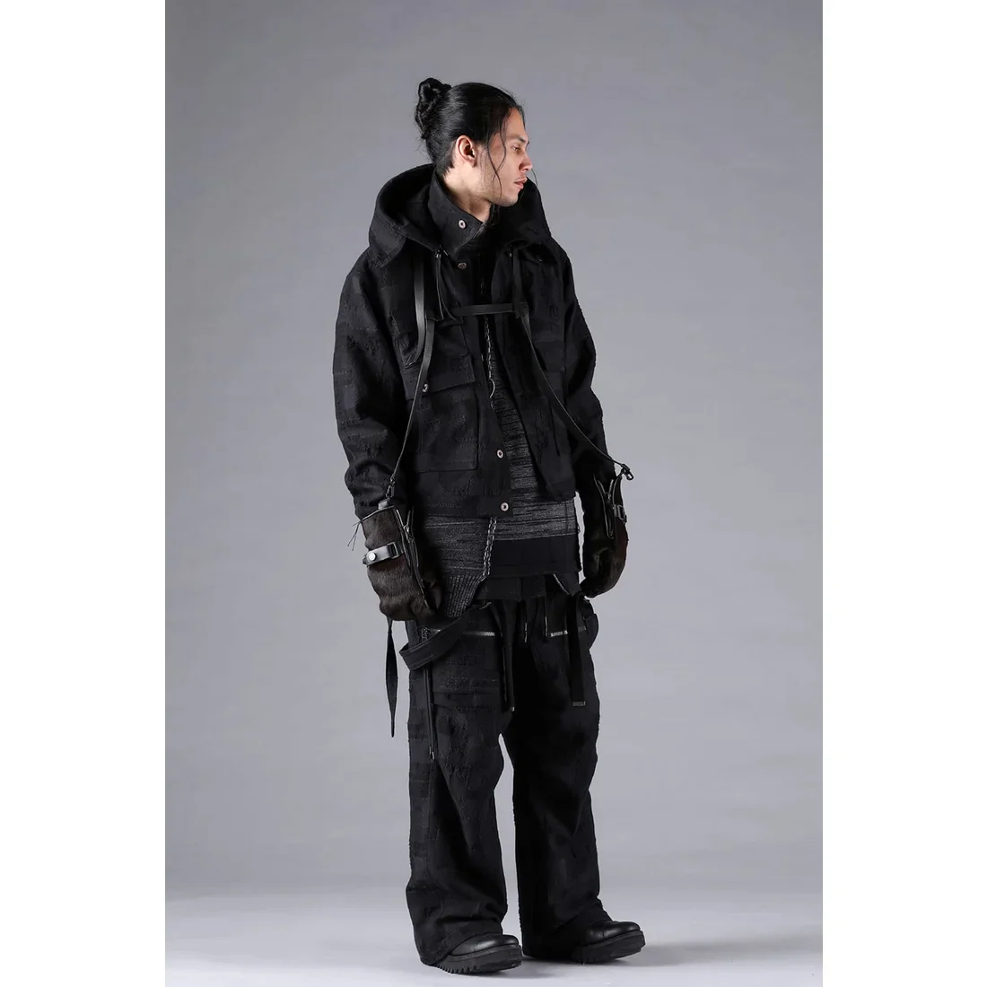 Black Crust Patchwork Jacquard w/ detachable hoodie Jacket - Image 16