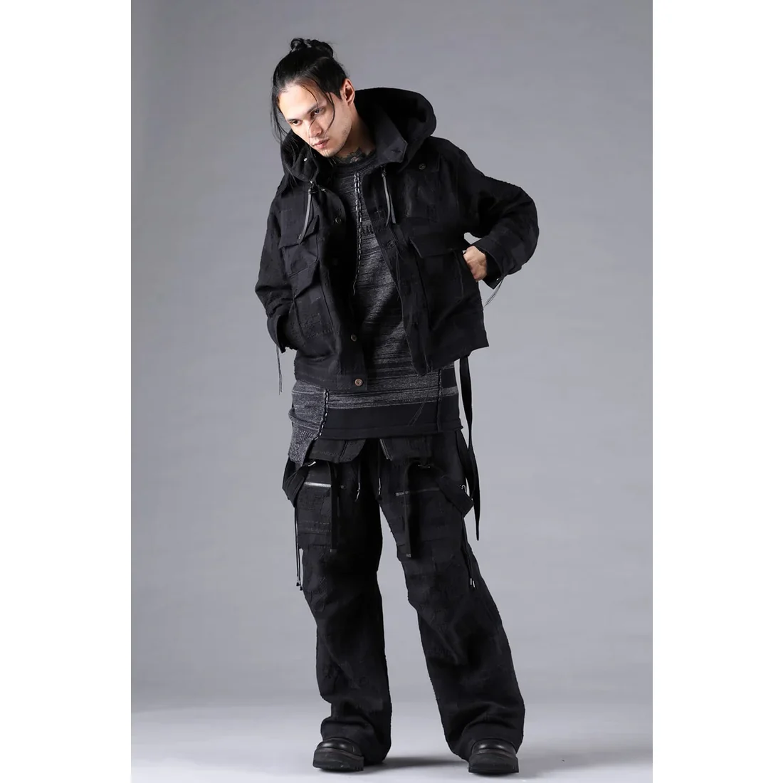 Black Crust Patchwork Jacquard w/ detachable hoodie Jacket - Image 17