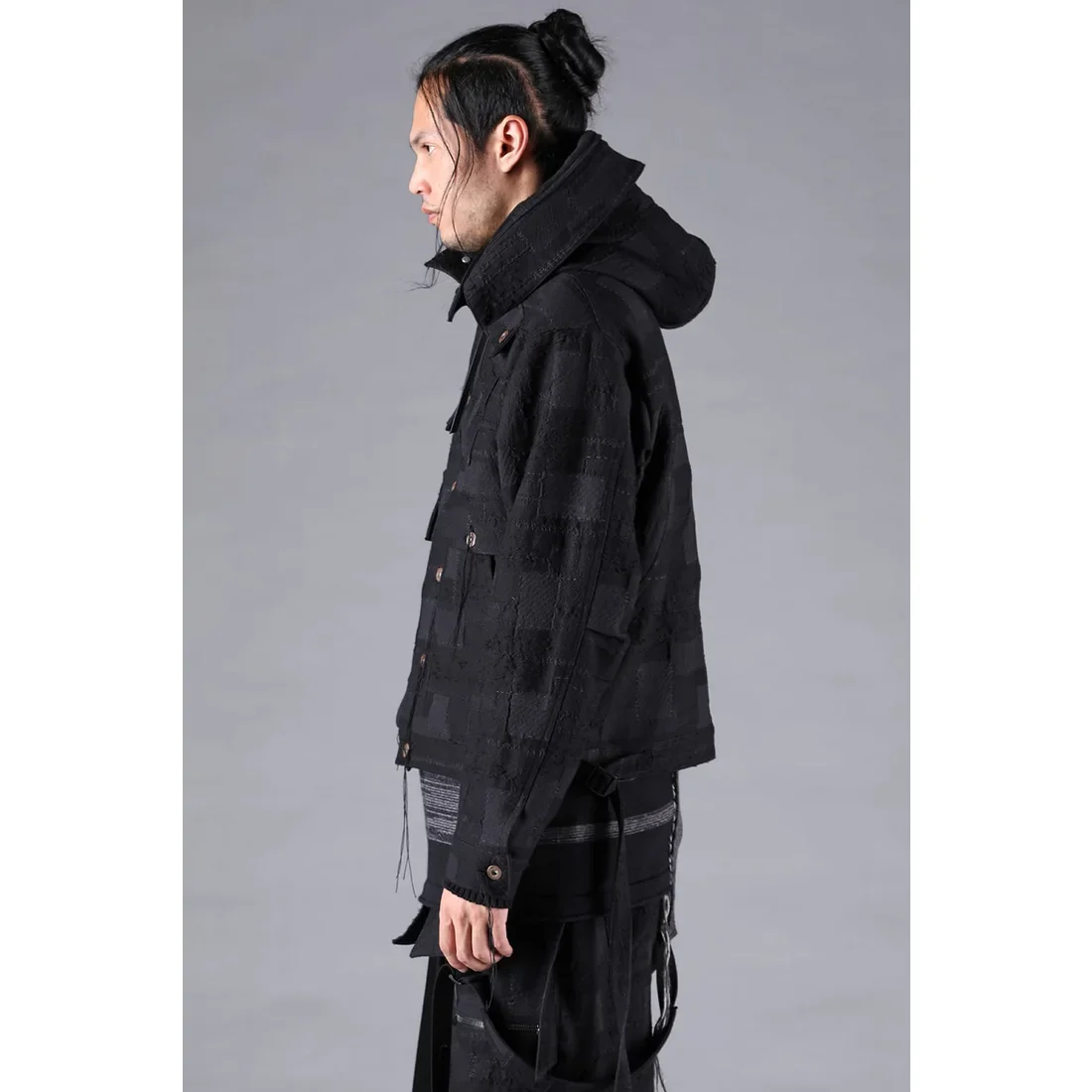 Black Crust Patchwork Jacquard w/ detachable hoodie Jacket - Image 3