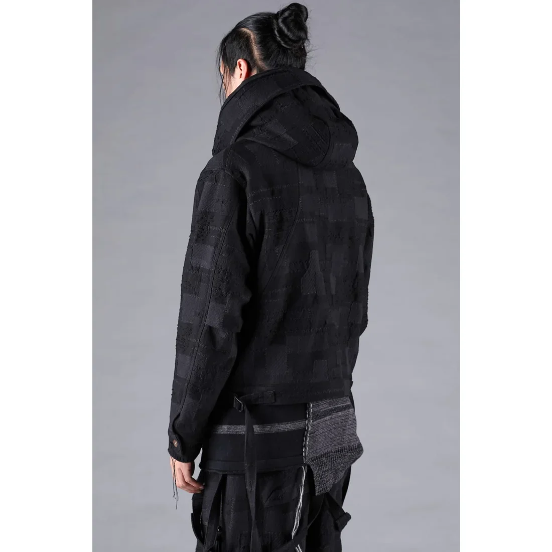 Black Crust Patchwork Jacquard w/ detachable hoodie Jacket - Image 4
