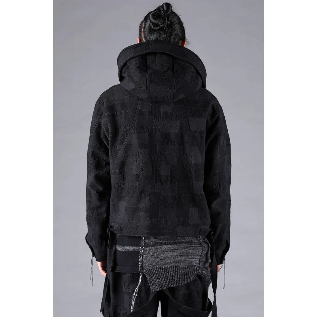 Black Crust Patchwork Jacquard w/ detachable hoodie Jacket - Image 5