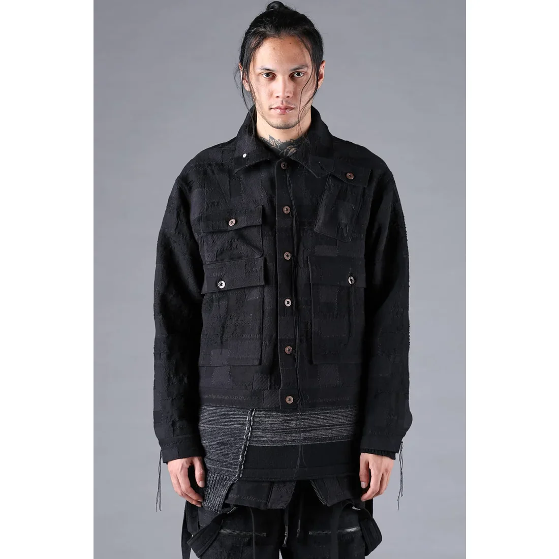 Black Crust Patchwork Jacquard w/ detachable hoodie Jacket - Image 6