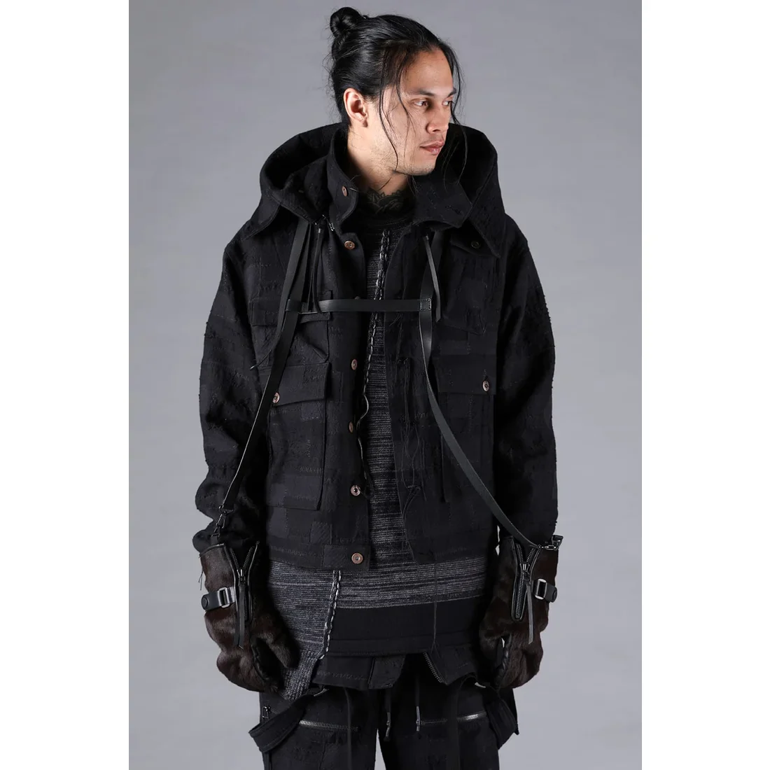 Black Crust Patchwork Jacquard w/ detachable hoodie Jacket - Image 7