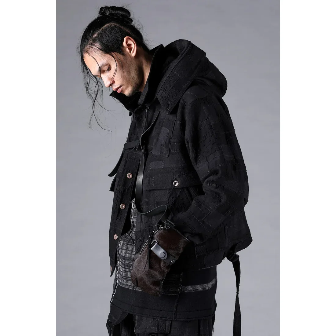 Black Crust Patchwork Jacquard w/ detachable hoodie Jacket - Image 8