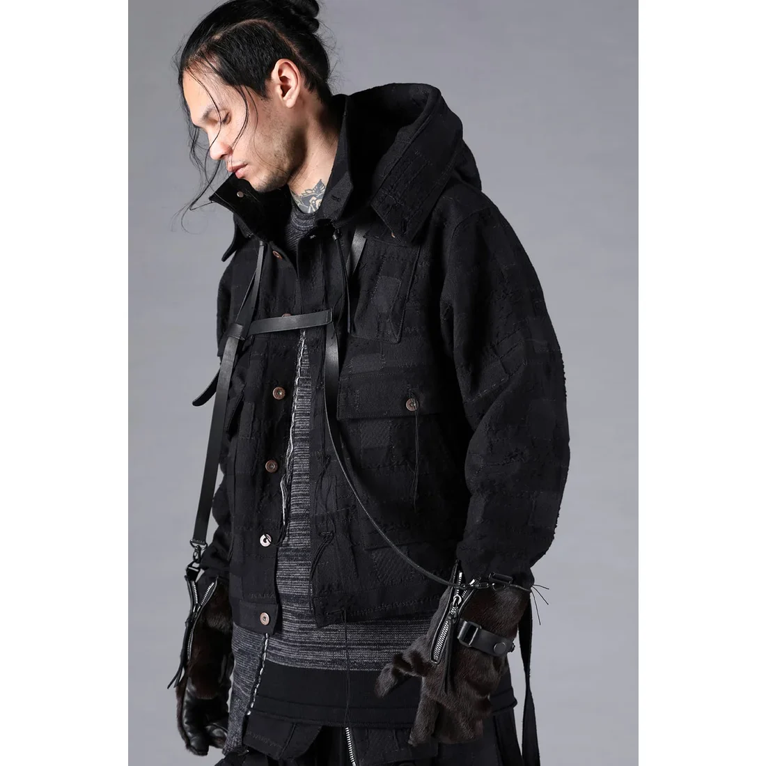 Black Crust Patchwork Jacquard w/ detachable hoodie Jacket - Image 9