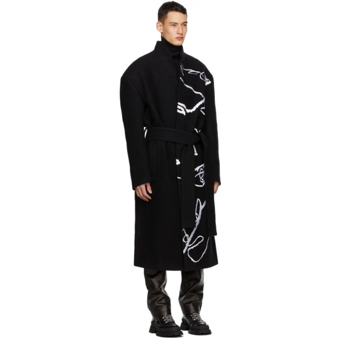 Black Embroidered Belted Robe Coat by Sean Suen - Image 2