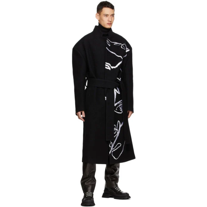 Black Embroidered Belted Robe Coat by Sean Suen - Image 4