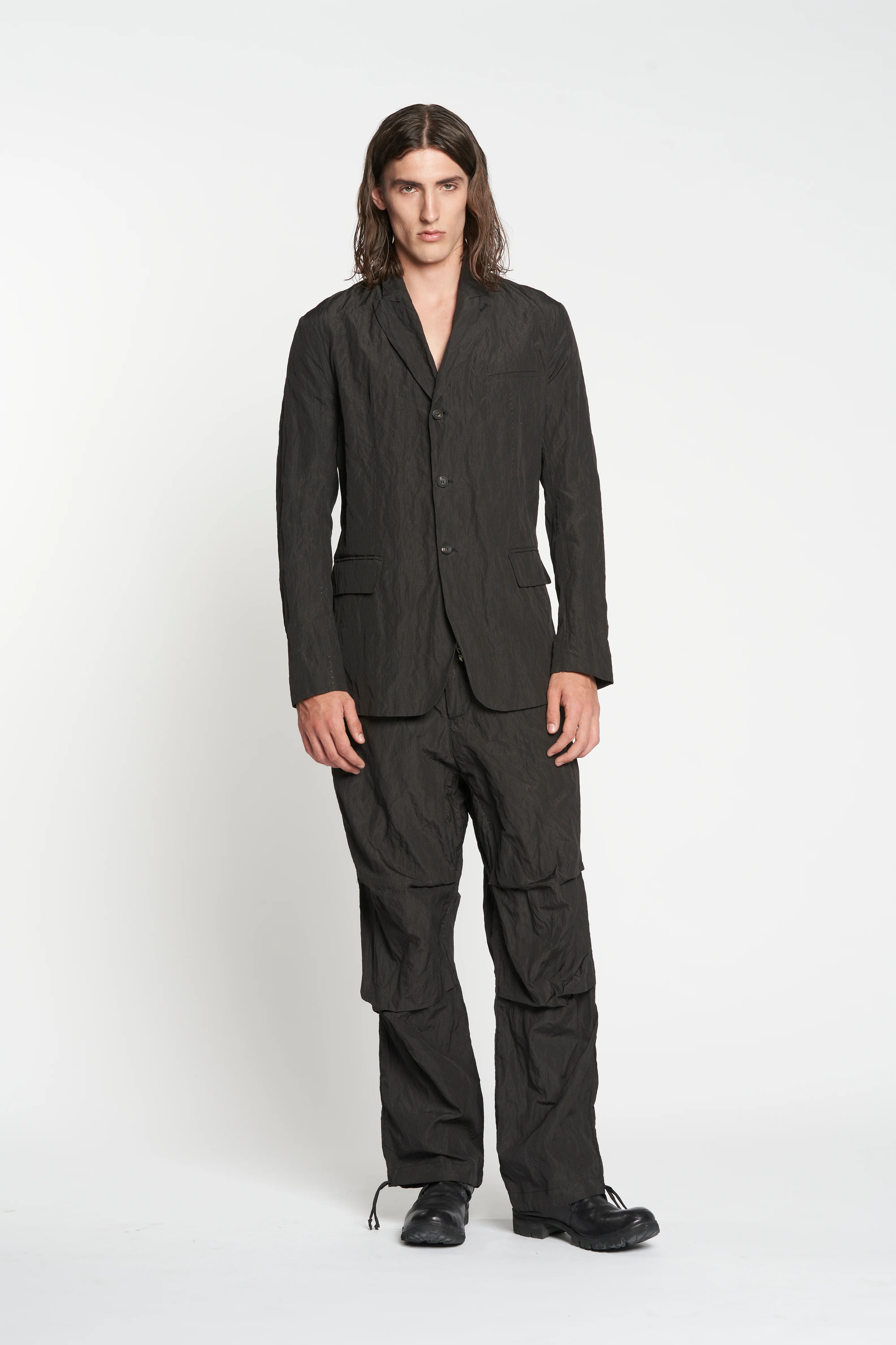 Black Fine Stripe Crumpled Cotton Metal 3 Button Soft Blazer