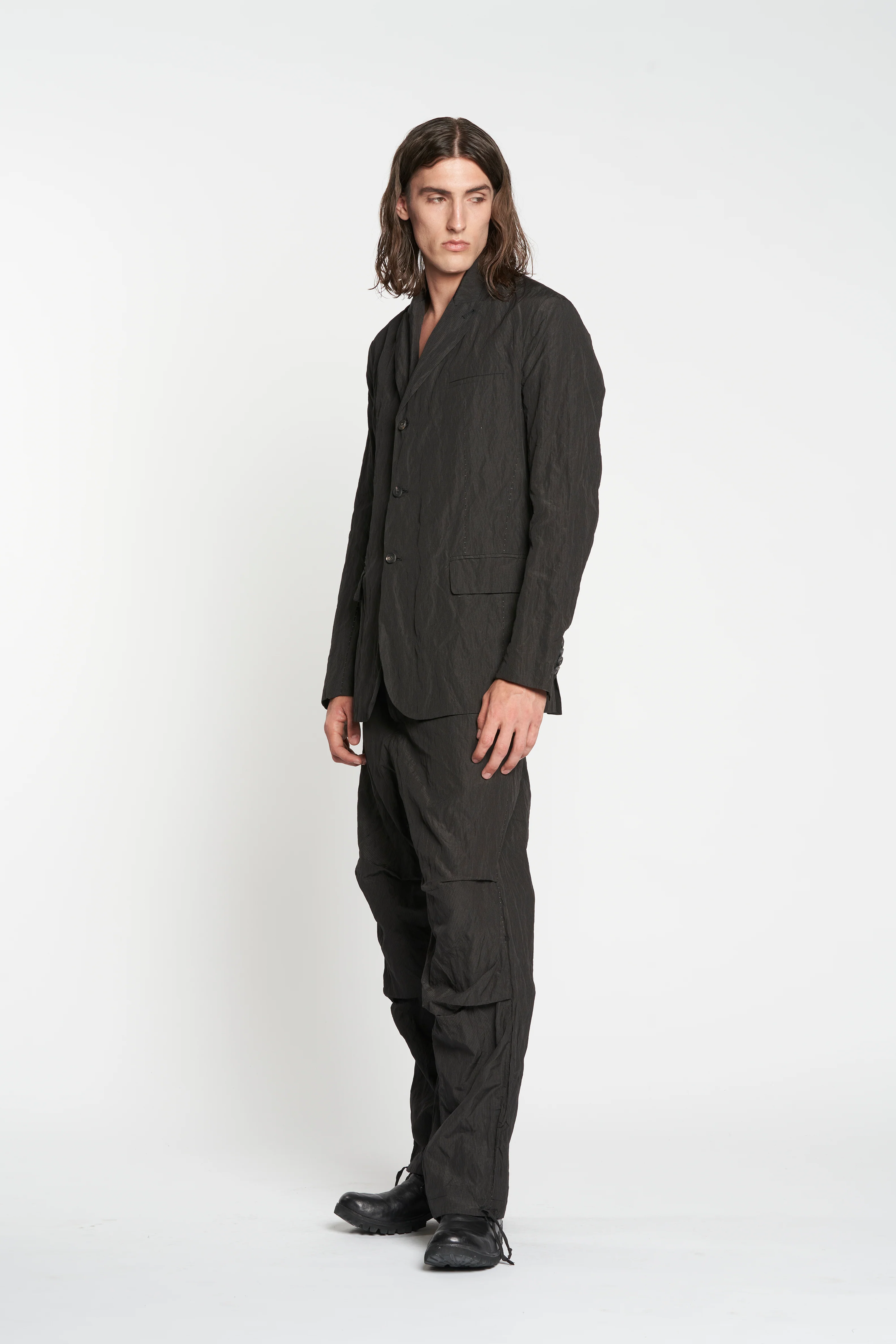 Black Fine Stripe Crumpled Cotton Metal 3 Button Soft Blazer - Image 2
