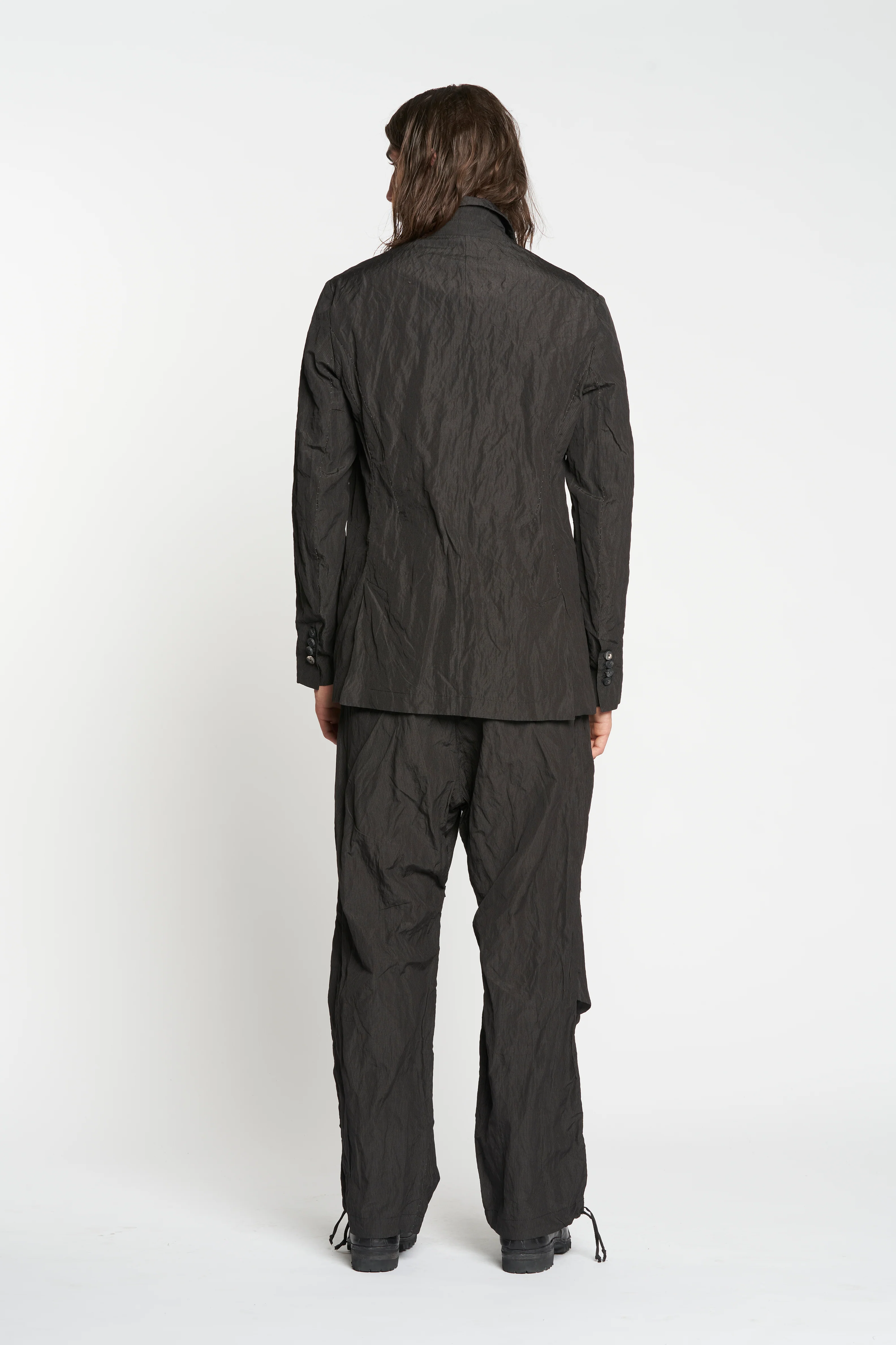 Black Fine Stripe Crumpled Cotton Metal 3 Button Soft Blazer - Image 3
