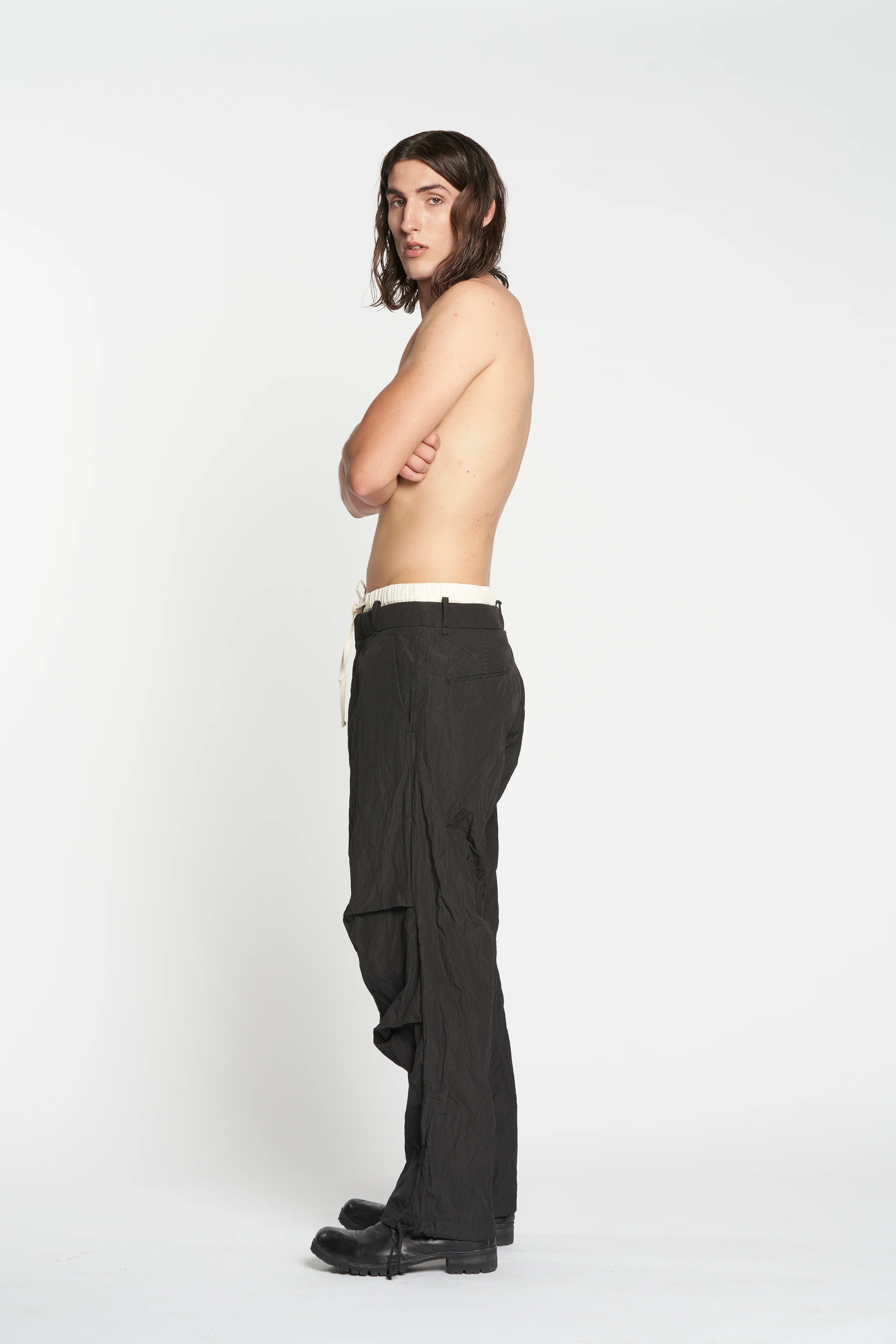 Black Fine Stripe Crumpled Cotton Metal Wide Leg Pants - Image 2