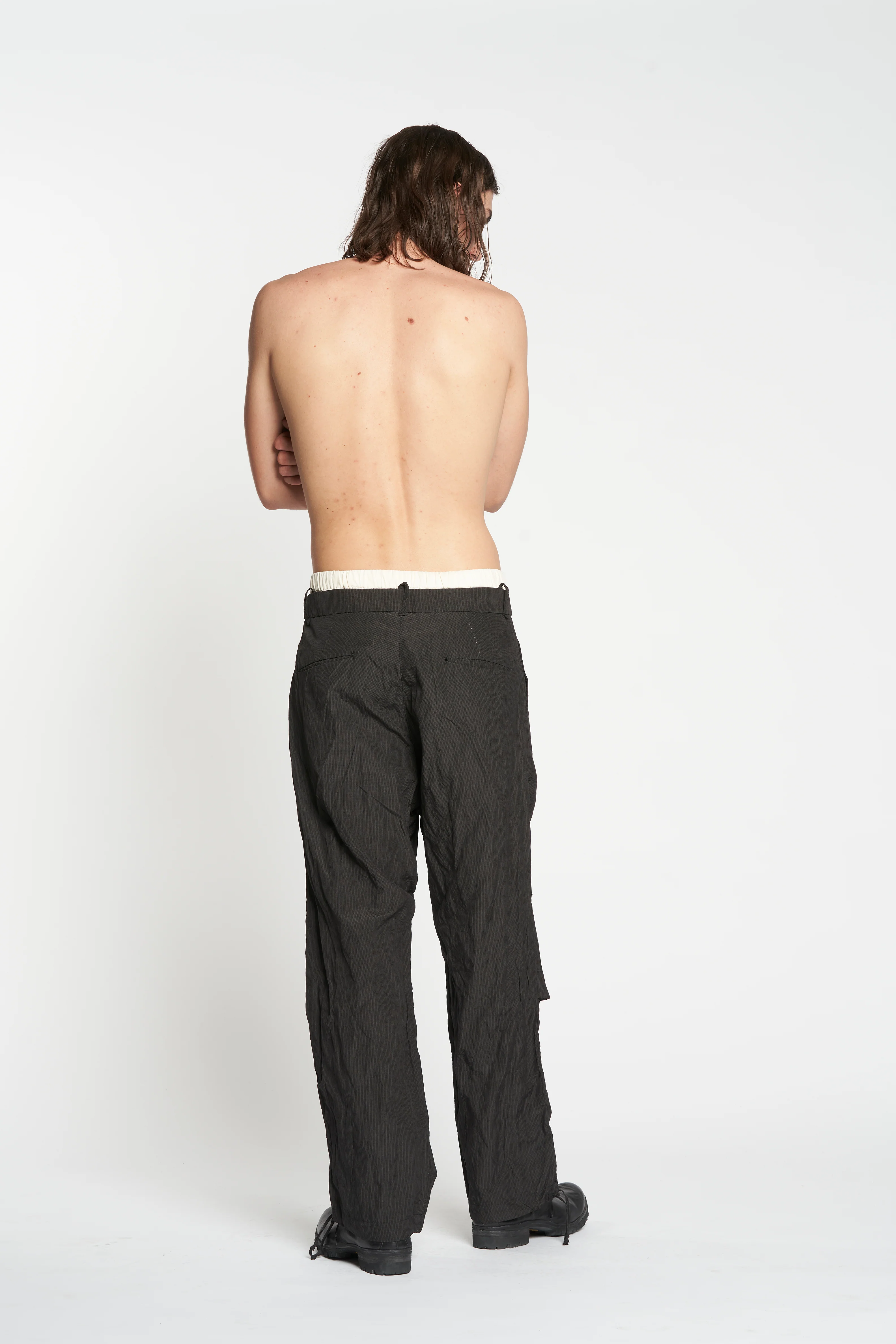 Black Fine Stripe Crumpled Cotton Metal Wide Leg Pants - Image 3