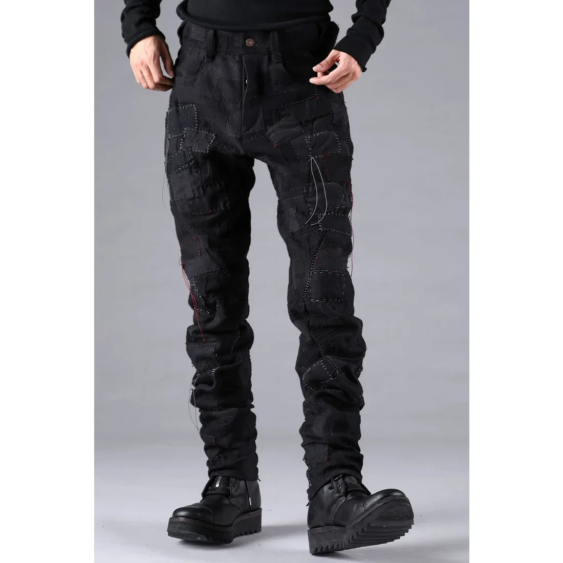 Black Hand Patchwork Crust Jacquard Overlock Twist Curve Pants - Image 10