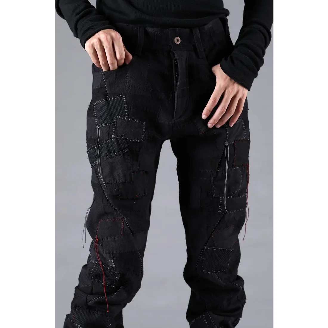 Black Hand Patchwork Crust Jacquard Overlock Twist Curve Pants - Image 12