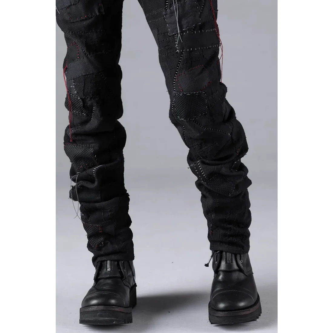 Black Hand Patchwork Crust Jacquard Overlock Twist Curve Pants - Image 14