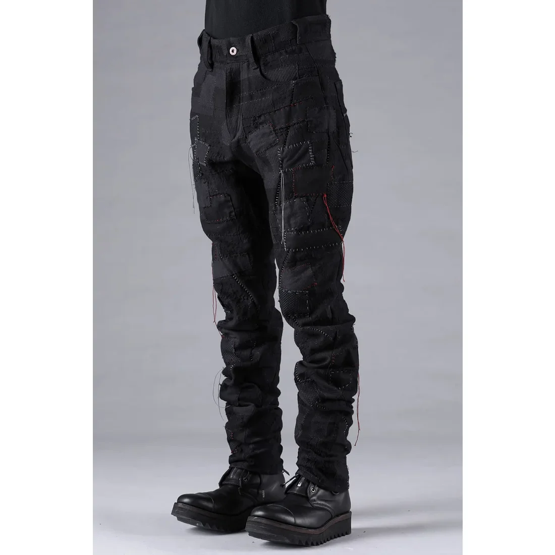 Black Hand Patchwork Crust Jacquard Overlock Twist Curve Pants - Image 3