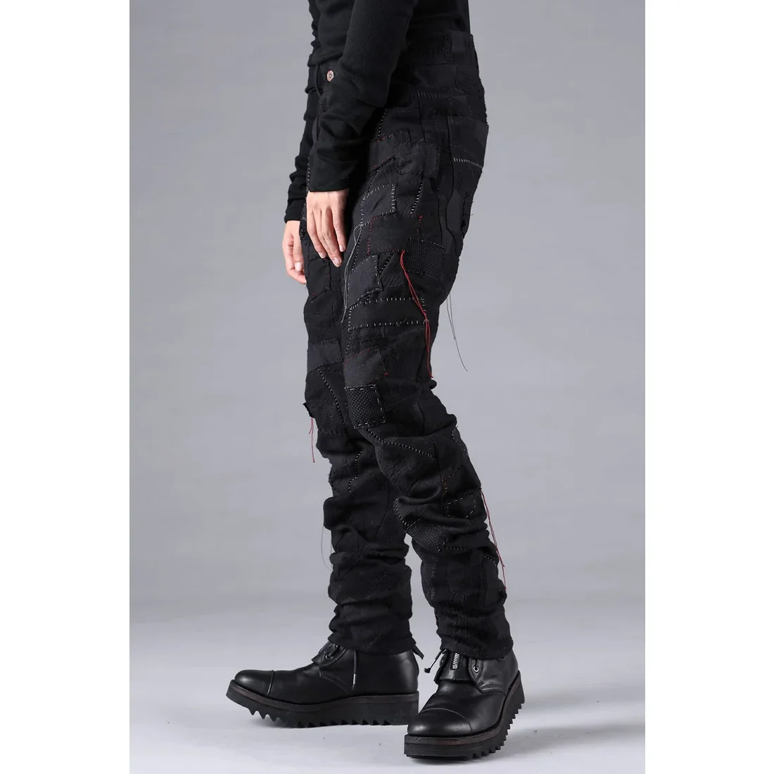 Black Hand Patchwork Crust Jacquard Overlock Twist Curve Pants - Image 7