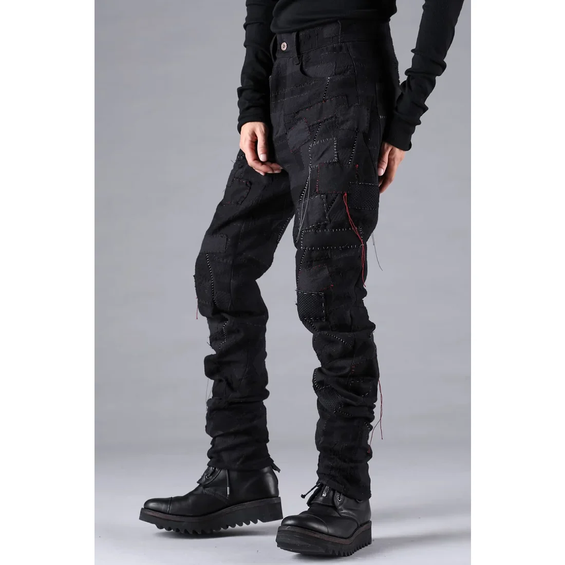 Black Hand Patchwork Crust Jacquard Overlock Twist Curve Pants - Image 8